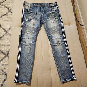 Preme Jeans Mens Size 34 Distressed Denim Blue Skinny Stretch Moto Biker Vintage